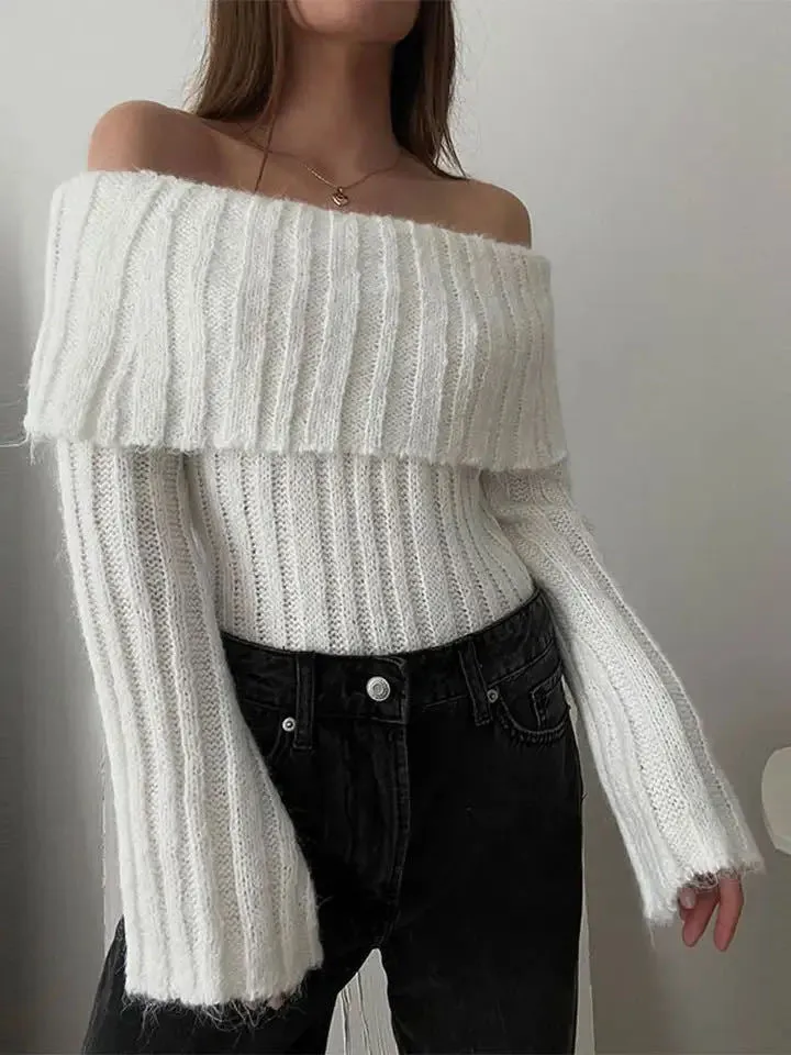 Ribbed Knit Overfold Trendy Off Shoulder Knit Top