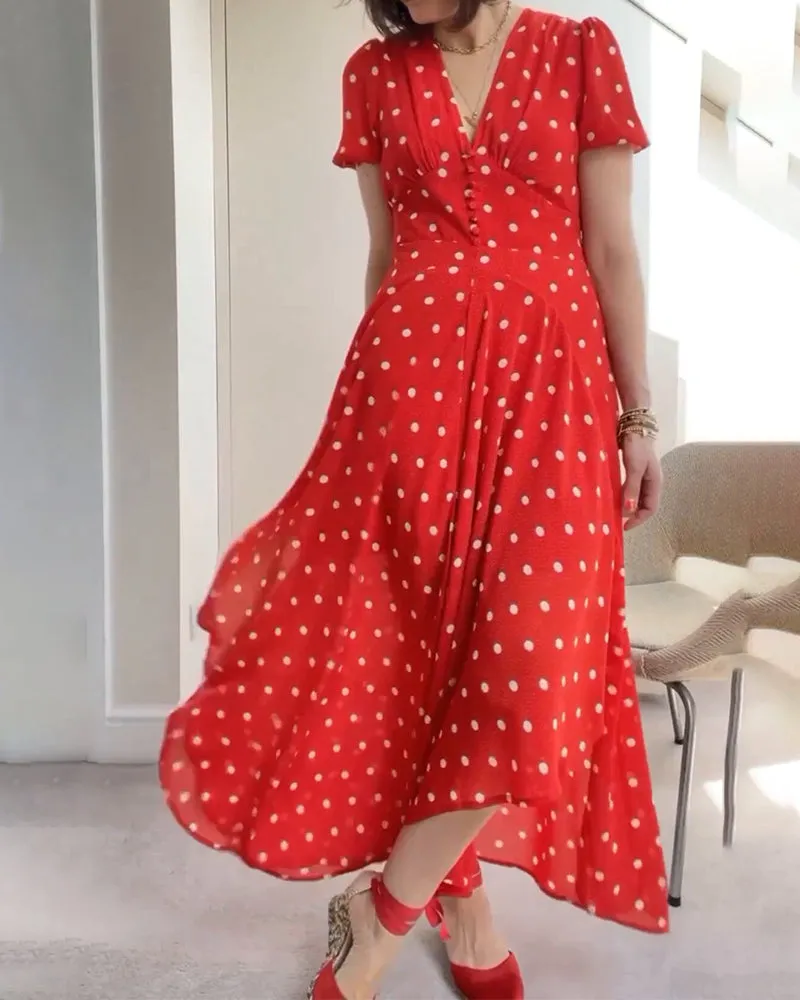 Romantic polka dot print waist dress