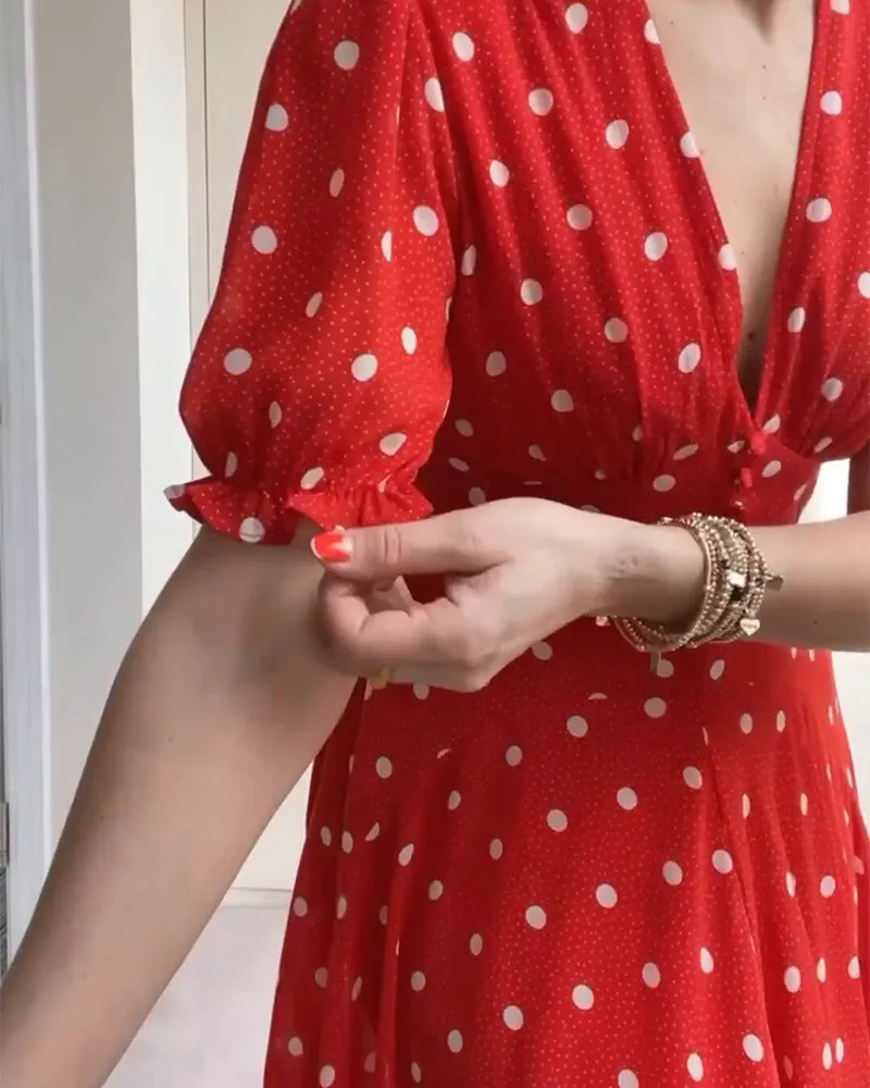 Romantic polka dot print waist dress