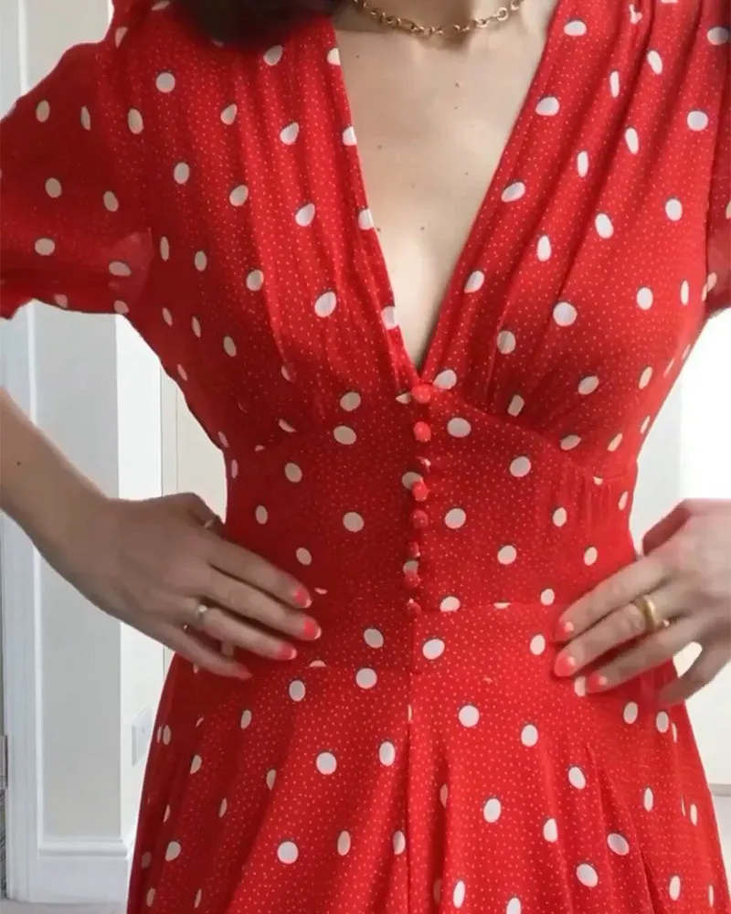 Romantic polka dot print waist dress