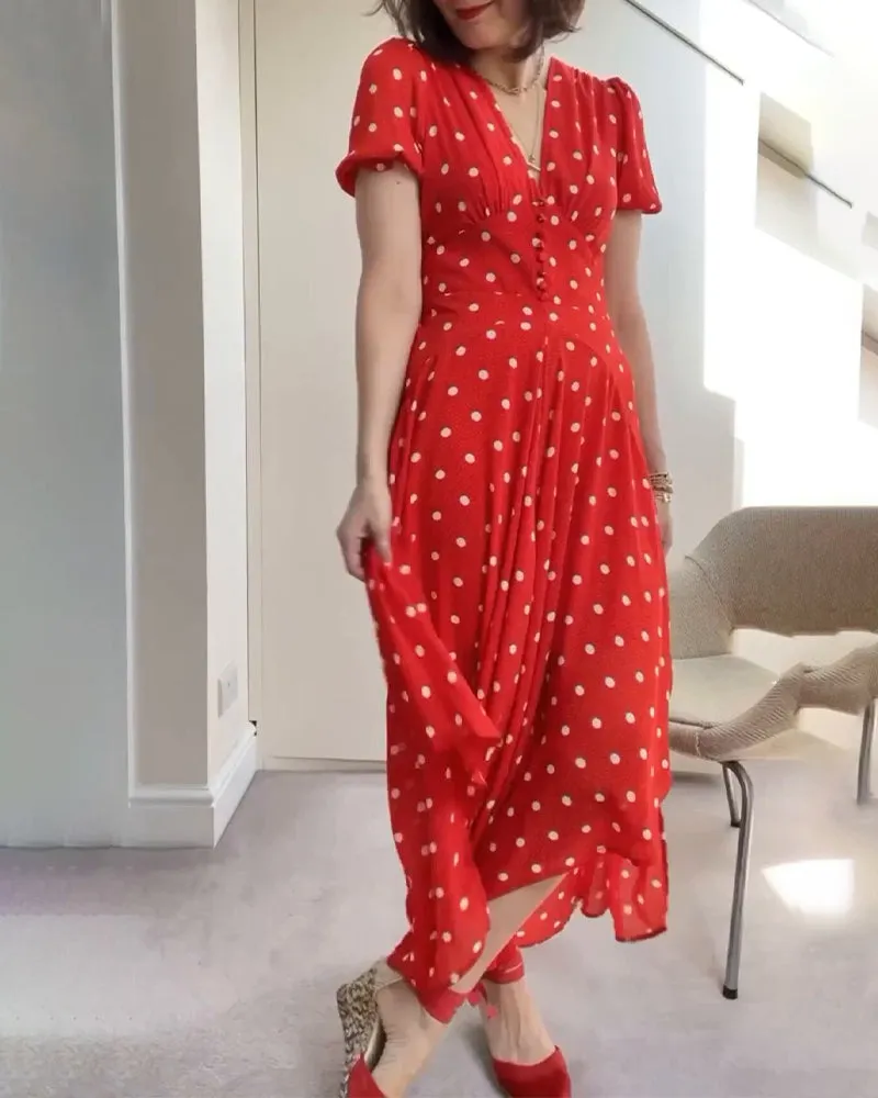 Romantic polka dot print waist dress