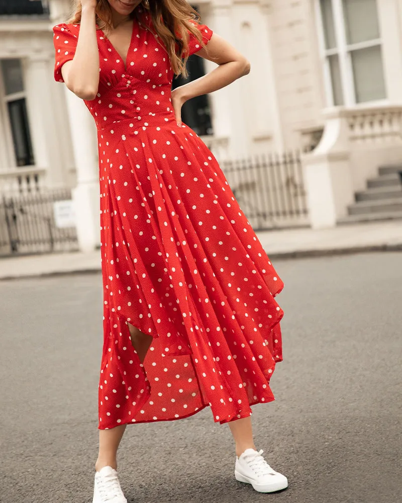 Romantic polka dot print waist dress