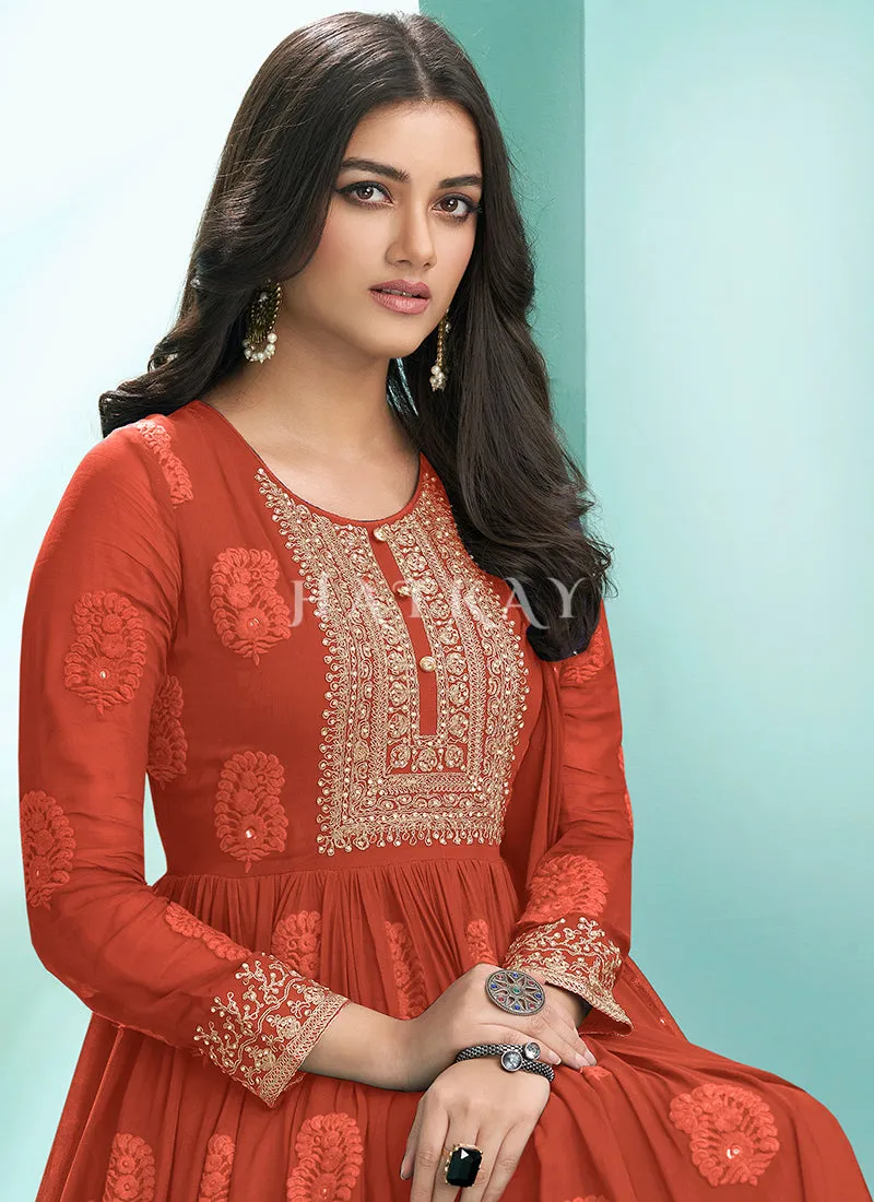 Rustic Orange Lucknowi Zari Embroidered Designer Anarkali Suit