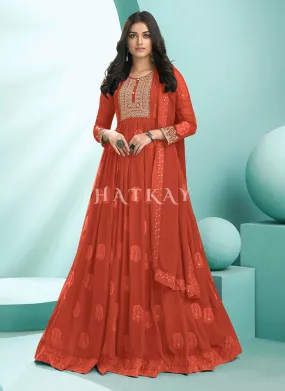 Rustic Orange Lucknowi Zari Embroidered Designer Anarkali Suit