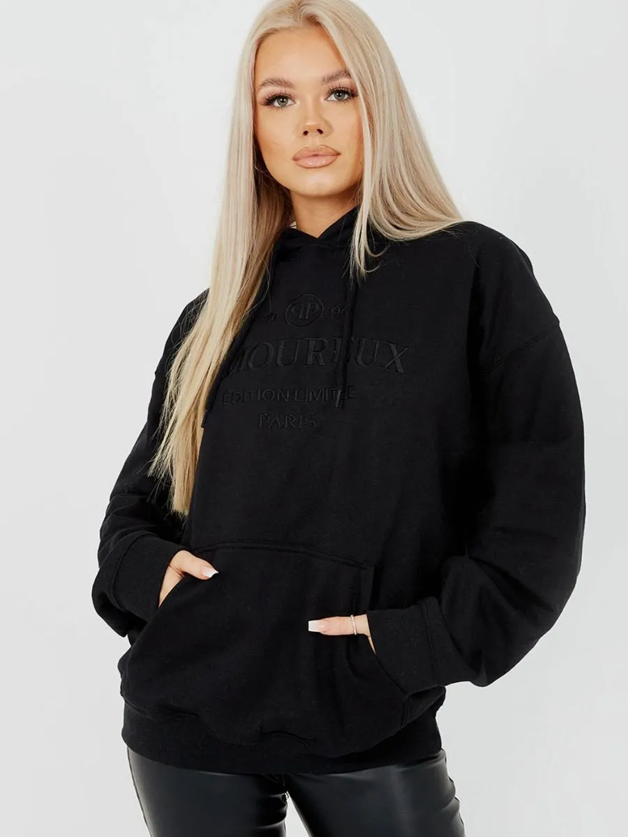 Shannon Embroidered Amoureux Fleeced Hoodie In Black