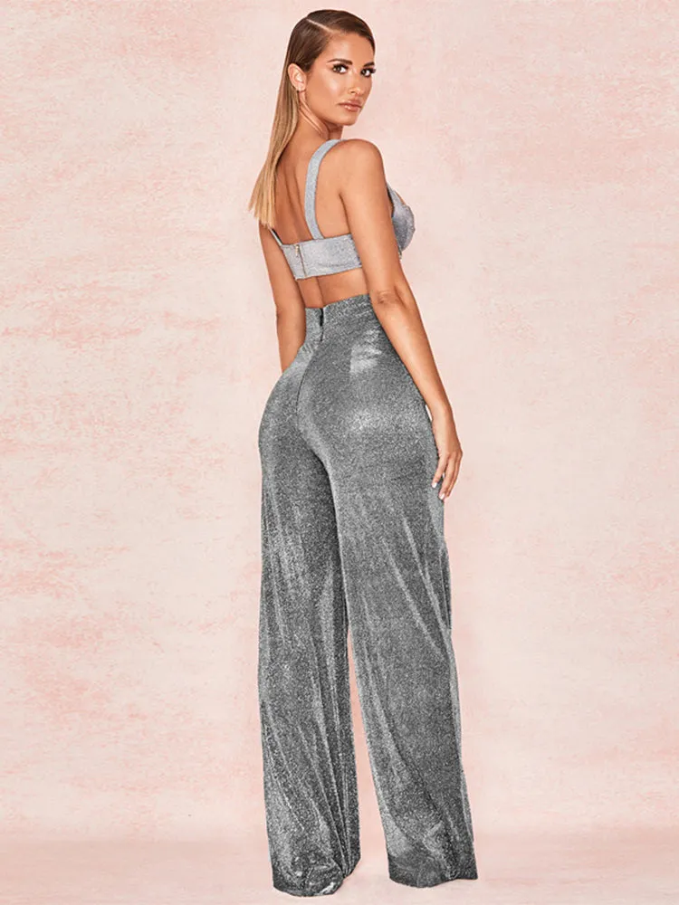 Shiny Draped Silver Wide-leg Trousers