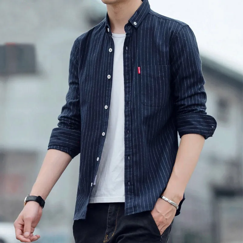 Shirt Men Long Sleeved Korean Slim Look Youth Striped Casual Trendy Men Shirt