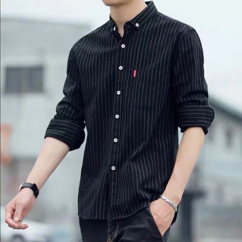 Shirt Men Long Sleeved Korean Slim Look Youth Striped Casual Trendy Men Shirt