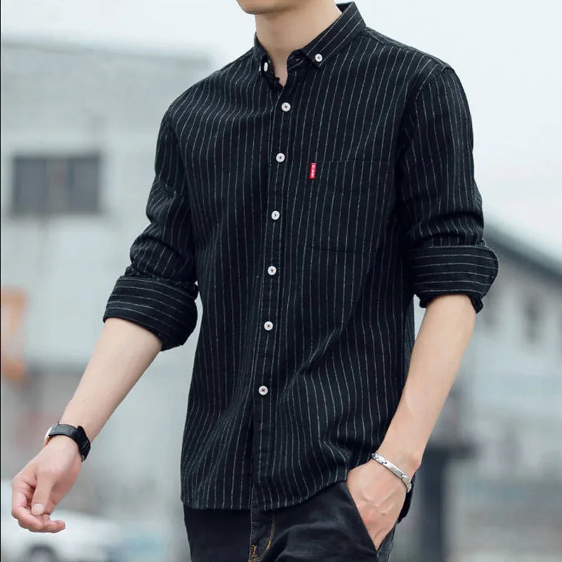 Shirt Men Long Sleeved Korean Slim Look Youth Striped Casual Trendy Men Shirt