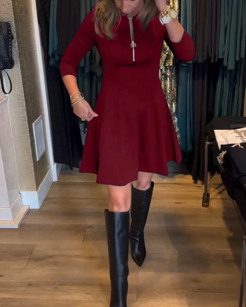 Solid color zipper elegant dress