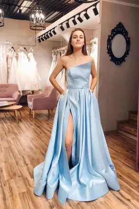 Strapless Satin Light Blue Slit A Line Simple Prom Dresses With Pocktets PFP1566