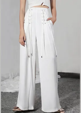 Stylish White High Waist Tie Waist Summer Wide Leg Pants