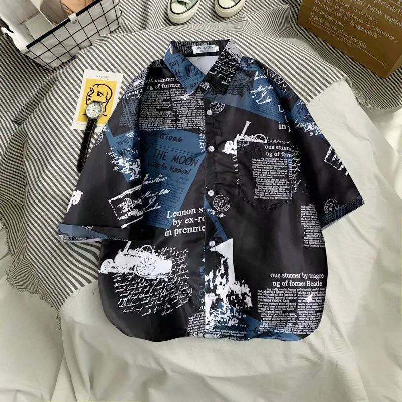 Summer Korea Trendy Short Sleeve Hong Kong Shirt Hawaii Vintage Chic Loose Beach Men Shirt