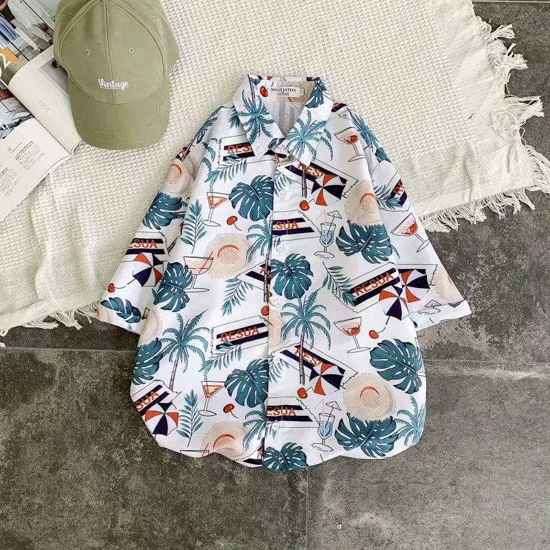 Summer Korea Trendy Short Sleeve Hong Kong Shirt Hawaii Vintage Chic Loose Beach Men Shirt