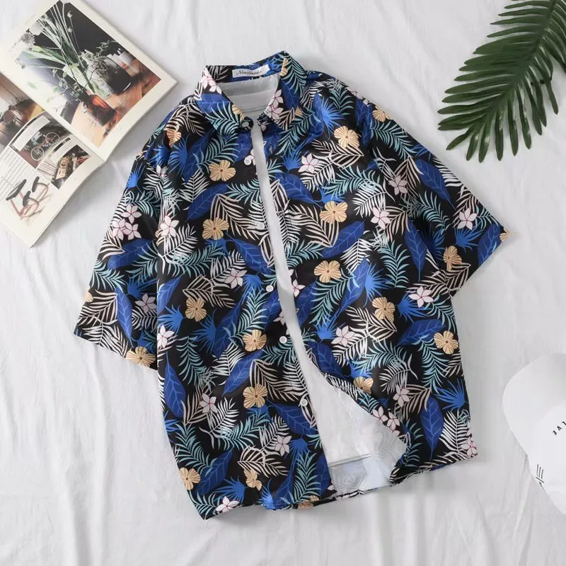 Summer Korea Trendy Short Sleeve Hong Kong Shirt Hawaii Vintage Chic Loose Beach Men Shirt