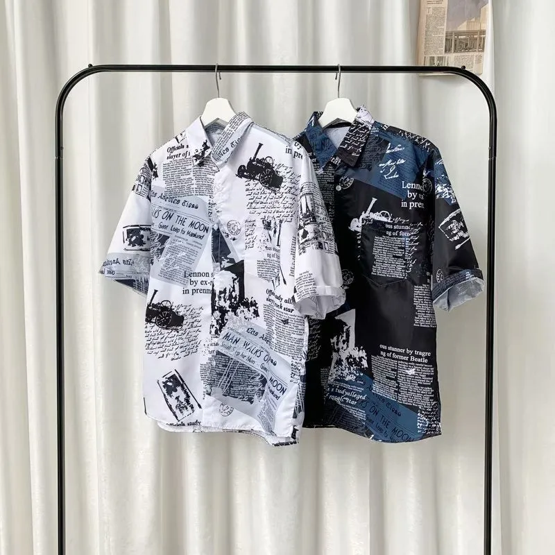 Summer Korea Trendy Short Sleeve Hong Kong Shirt Hawaii Vintage Chic Loose Beach Men Shirt