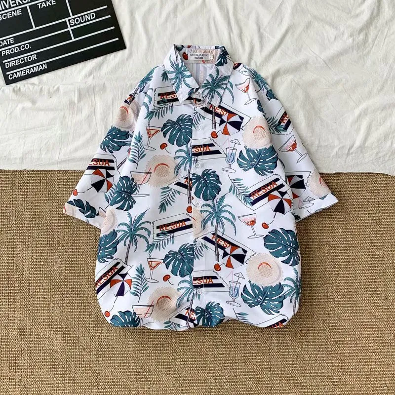 Summer Korea Trendy Short Sleeve Hong Kong Shirt Hawaii Vintage Chic Loose Beach Men Shirt