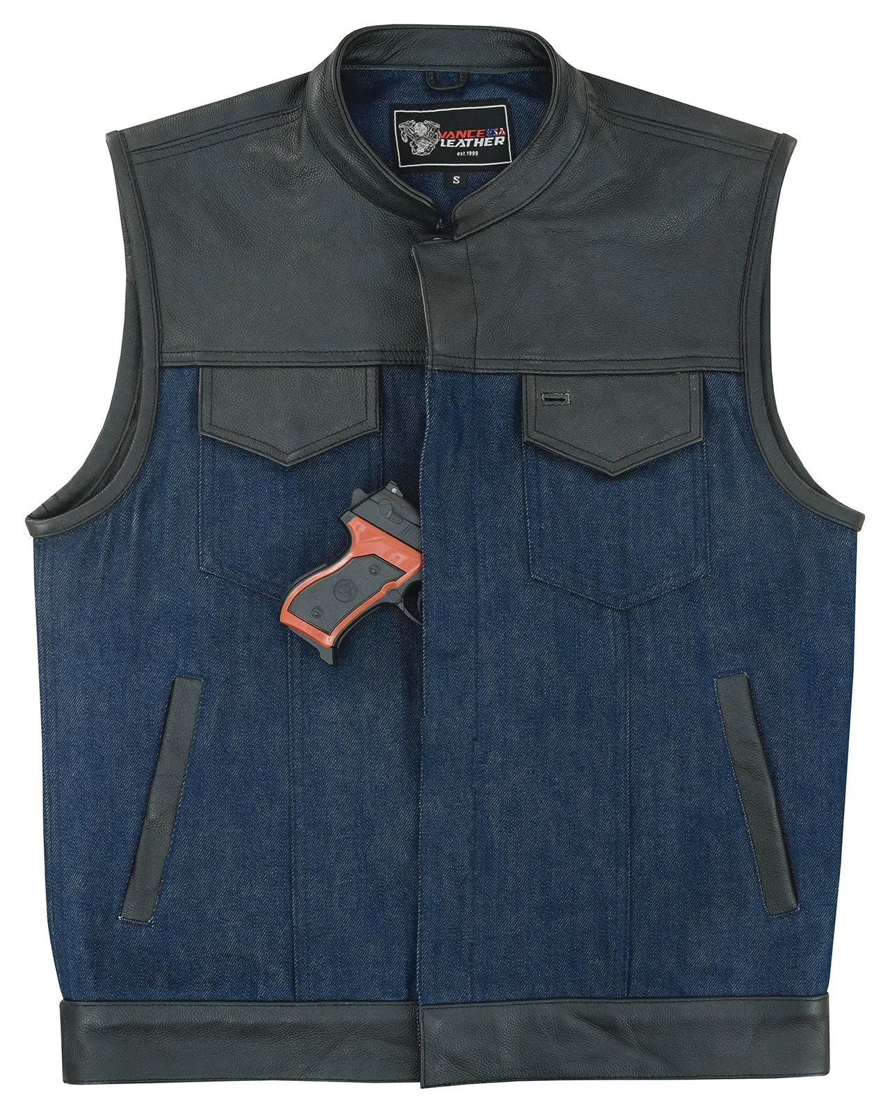 VB911L Denim Blue SOA Club Vest with Leather trims