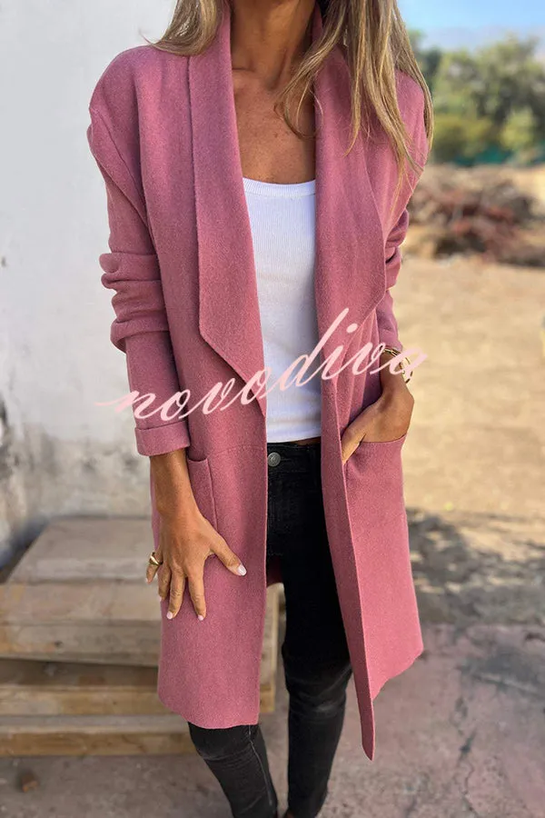 Warmth on Stylish Lapel Mid-length Pocket Knit Cardigan Coat