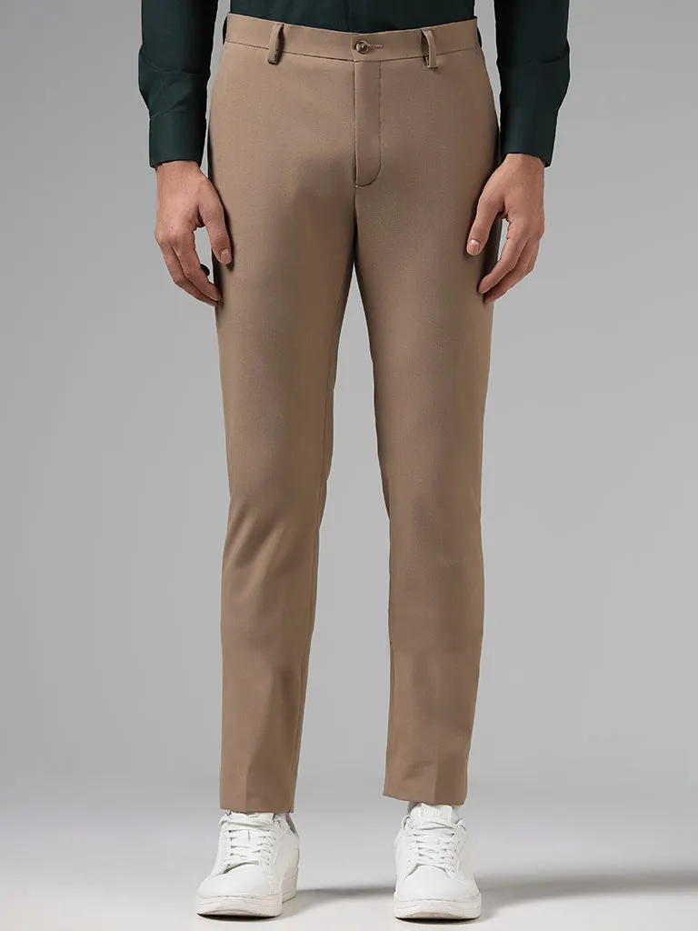 WES Formals Solid Dark Khaki Ultra Slim-Fit Mid-Rise Trousers