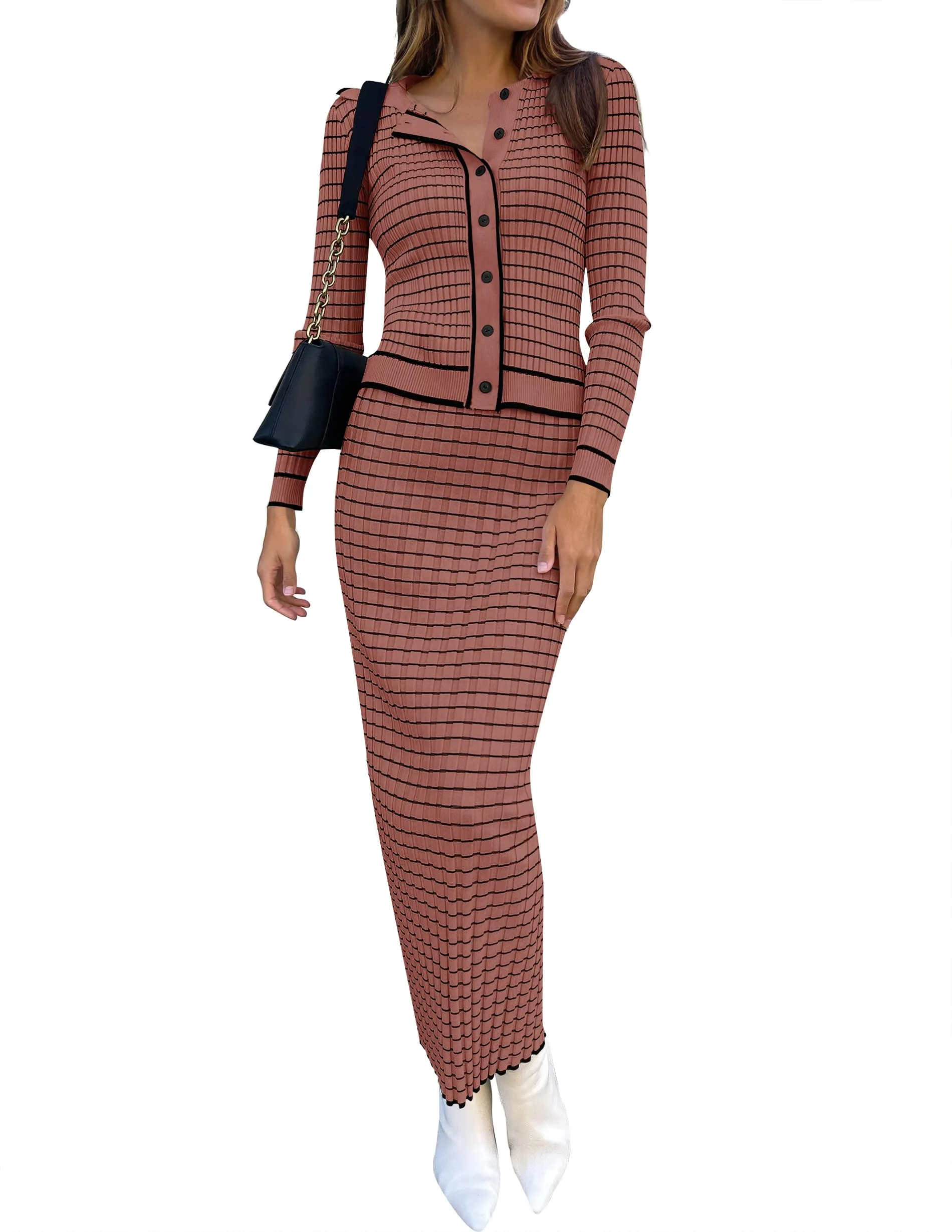 ZESICA Casual Striped Cardigan and Maxi Skirts Matching Lounge Sets